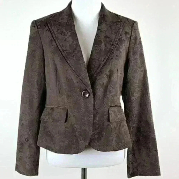 Style and Co petite stretch blazer sz 8p brown floral brocade one button jacket - Picture 2 of 10